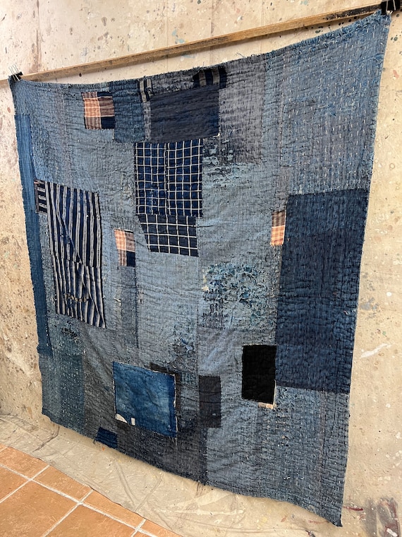＜未使用＞織り機で織った敷物　藍染　約35cm ×83 cm　ラグ/タペストリー Vintage Japanese Indigo Dyed Boro Rug #1247 - Etsy