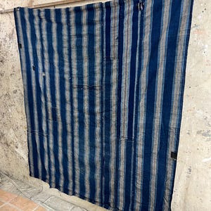 Vintage Japanese stripe indigo dyed  patched fabric #3317