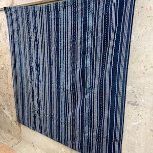 Vintage Japanese stripe indigo dyed and indigo kasuri dyed sashiko stitching rug #3669
