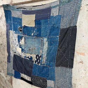 Vintage Japanese indigo dyed boro patched rug #3435