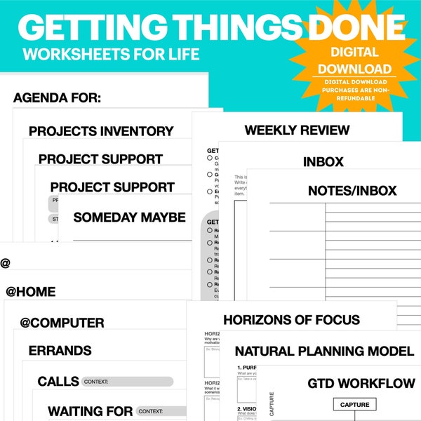 Printable GTD Worksheets Starter Bundle | PDF Digital Download | Letter size, A4, A5