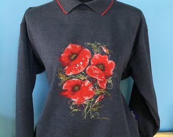 Poppy Sweater with collar detailed floral embroidery, Grey sweatshirt, in size Large or XLarge designed by Sophie, Country Swirls,