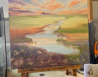 Landscape Painting oil on canvas original 'Champagne Sky Duck Stream' dream like fields and coral clouds