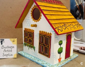 Handpainted BirdBox, nesting box, bird house, wooden bird home, painted with topiary trees white cottage stars leaves floral planter