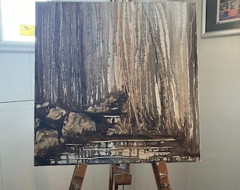 Forest Rain Dappled Trees, Original Oil Painting on canvas board 40x40cm, hand painted one of its kind.