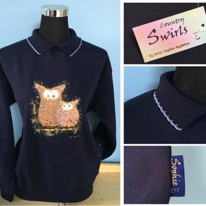 Owl Navy Sweater with collar Swirly detailed Embroidery. Desiged by Sophie Appleton a popular U.k. Artist. Country Swirls. S M L XL image 1