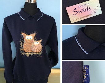 Owl Navy Sweater with collar Swirly detailed Embroidery. Desiged by Sophie Appleton a popular U.k. Artist. Country Swirls. S M L XL