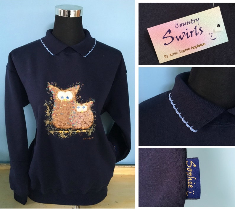 Owl Navy Sweater with collar Swirly detailed Embroidery. Desiged by Sophie Appleton a popular U.k. Artist. Country Swirls. S M L XL image 1