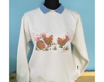 Bird Sweater winter white, with collar. Chickens embroidery. Size Large or XLarge. Designed by artist Sophie, made in U.K. Country Swirls.