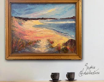 Original Oil Seascape Painting: Beach Sherbert Dreams, Framed Canvas Board (42x34cm)