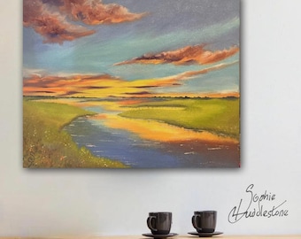 Original Oil Landscape Painting: Fields, Stream, Sunset, 50x40cmx1.5cm, hand painted one of its kind.