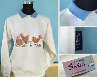 Bird Sweater , winter white sweater , with collar , chicken Trio Embroidery designed by artist Sophie Appleton Country Swirls. British made.