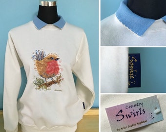 Robin Sweater with collar , sweatshirt winter white Embroidered bird designed by artist Sophie Appleton 'Country Swirls' Quaint British made