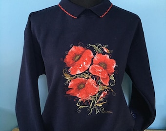 Poppy navy sweater with collar Beautiful swirly floral detailed, size small remaining, Embroidery by artist Sophie Appleton, Country Swirls