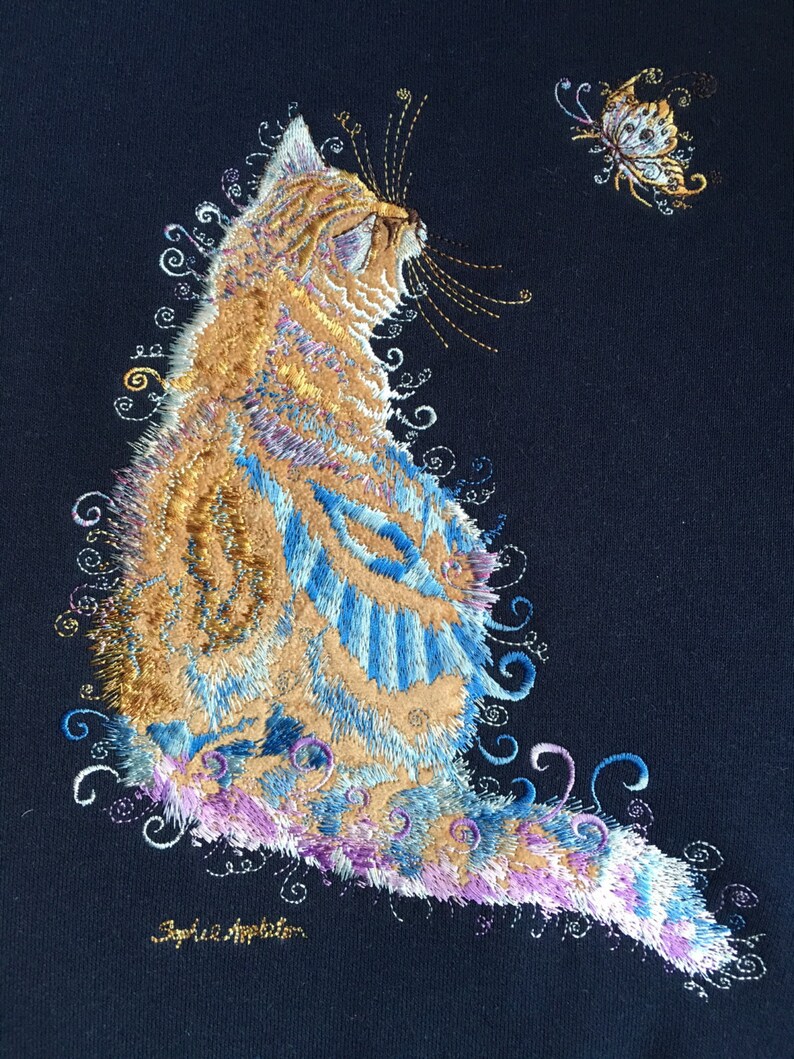 Cat Navy Sweater with collar quaint cat & butterfly Embroidery designed by Sophie Appleton popular English Artist Country Swirls image 3