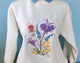 Flower embroidered Sweater with collar, size Large or XLarge, winter white, designed by artist Sophie, made in U.K. by country swirls