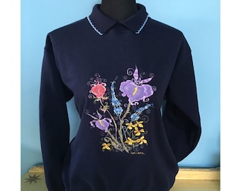 Floral navy sweater size Large with collar quaint swirly embroidery with collar designed by British artist Sophie, Country Swirls