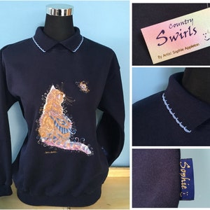 Cat Navy Sweater with collar quaint cat & butterfly Embroidery designed by Sophie Appleton popular English Artist Country Swirls image 1