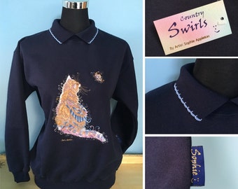 Cat Navy Sweater with collar quaint cat & butterfly Embroidery designed by Sophie Appleton (popular English Artist) Country Swirls