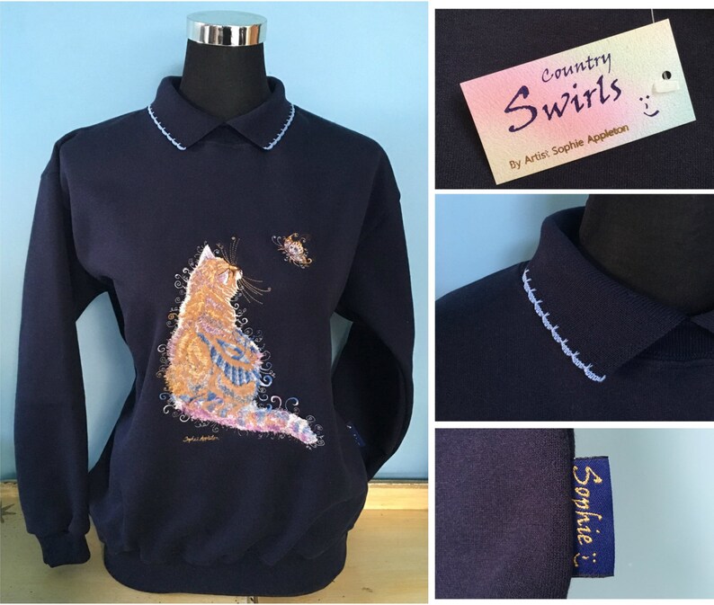 Cat Navy Sweater with collar quaint cat & butterfly Embroidery designed by Sophie Appleton popular English Artist Country Swirls image 1