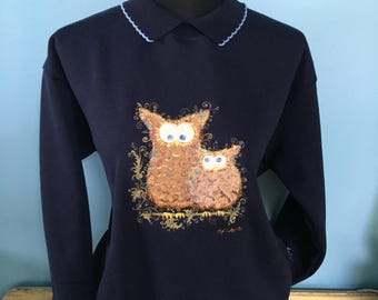 Navy Sweater with collar, beautiful detailed Owl Embroidery. Desiged by U.k. Artist Sophie, Country Swirls. Size available small, large