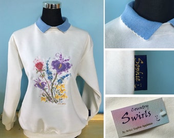 Flower Sweater with collar , winter white sweatshirt quaint swirly detailed embroidery designed by artist Sophie Appleton , Country Swirls