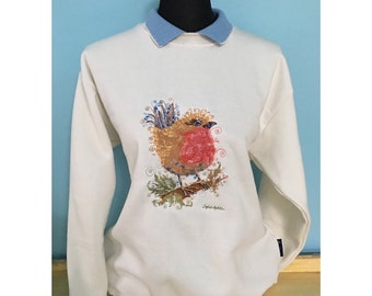 Robin Sweater with collar , sweatshirt winter white, size small, Embroidered bird designed by U.K. artist Sophie, Country Swirls made in U.K