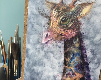 Giraffe Painting small art print, size A5, on 360gms premium quality thick paper, colourful whimsical animal by a British established Artist