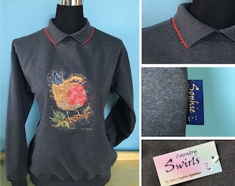 Bird Robin Sweater , Dark Grey charcoal sweater with collar detailed swirly embroidery designed by Sophie Appleton UK Popular artist