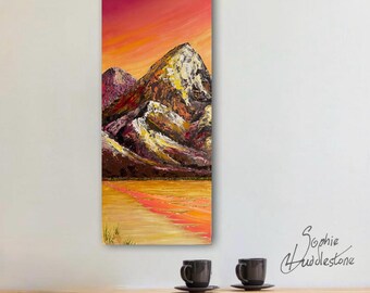 Original Oil Painting: Mountainscape warm sunset mountains (60cm x 25.5cm x 3cm)