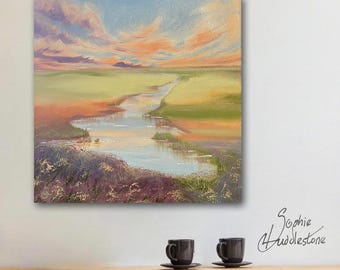 Original Oil Landscape Painting: Champagne Sky Duck Stream, Dreamy Fields Clouds