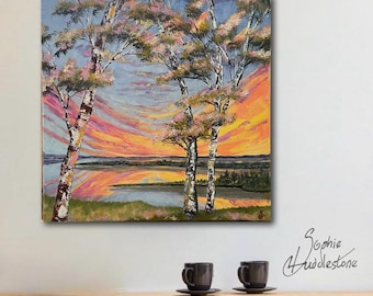 Original Oil Painting: Birch Trees, Sunset Lake Landscape (40cm x 40cm)