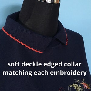 Poppy navy sweater with collar Beautiful swirly floral detailed, size adult small, Embroidery by artist Sophie Appleton, Country Swirls image 2