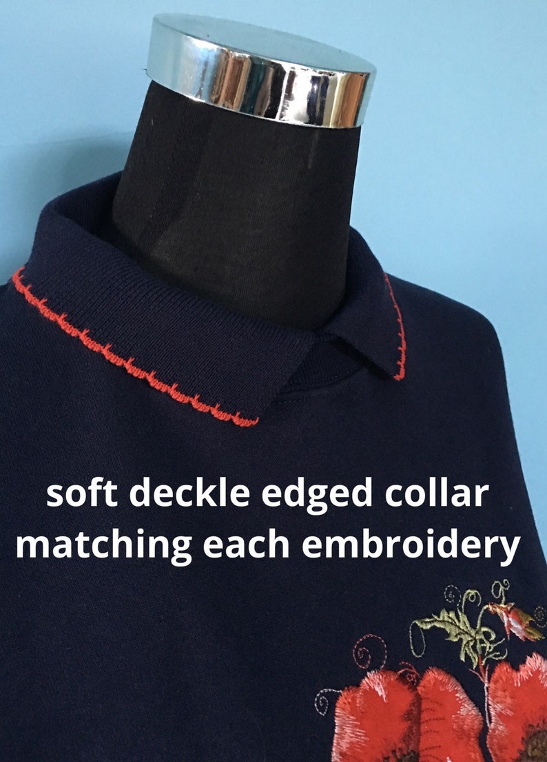 Poppy navy sweater with collar Beautiful swirly floral detailed, size adult small, Embroidery by artist Sophie Appleton, Country Swirls image 2