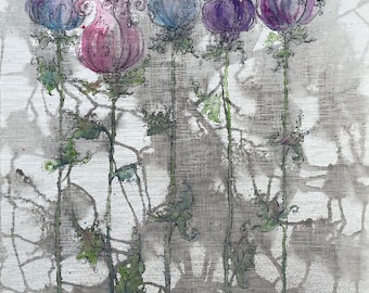 Floral Painting hand painted original by British Artist, size 20"x16". Abstract flowers contemporary tulips wall swirls petals leaves greys