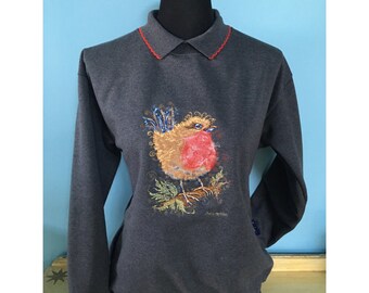 Robin Bird grey Sweater, with collar, detailed embroidery. Size small medium or large. Designed by British Artist Sophie, Country Swirls