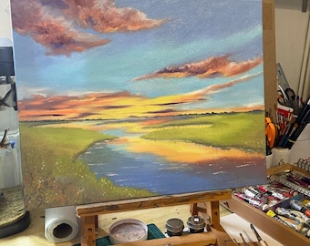 Original Oil Landscape Painting: Fields, Stream, Sunset, 50x40cmx1.5cm, hand painted one of its kind.