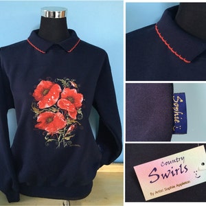 Poppy navy sweater with collar Beautiful swirly floral detailed, size adult small, Embroidery by artist Sophie Appleton, Country Swirls image 1