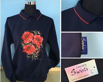 Poppy navy sweater with collar Beautiful swirly floral detailed, size adult small, Embroidery by artist Sophie Appleton, Country Swirls