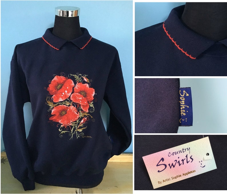 Poppy navy sweater with collar Beautiful swirly floral detailed, size adult small, Embroidery by artist Sophie Appleton, Country Swirls image 1