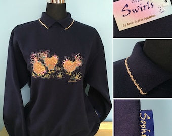 Chicken Navy sweatshirt with collar , quaint swirly detailed Embroidery , designed by artist Sophie Appleton ( U.K. artist ) Country Swirls