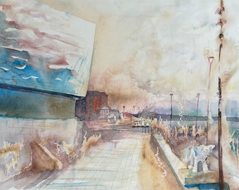 Landscape Painting of Liverpool Super Lambanana Pier Head, hand painted original by British Artist, size 16"x12" modern abstract watercolour