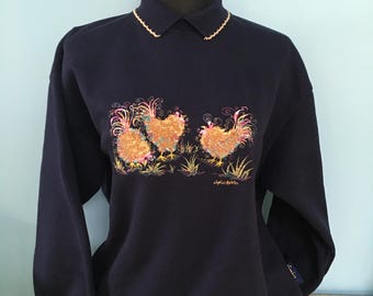 Chicken Navy sweatshirt with collar, size small medium large or X-Large embroidery designed by British artist Sophie, Country Swirls