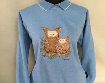 Owl Sweater with collar, Vintage Blue colour, ladies sweater sizes S M L or xL embroidery designed by Artist Sophie, U.K made Country Swirls