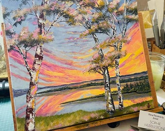 Original Oil Landscape Painting: Birch tree, sunset, lake 40cm x 40cm x 1.5cm, hand painted one of its kind.