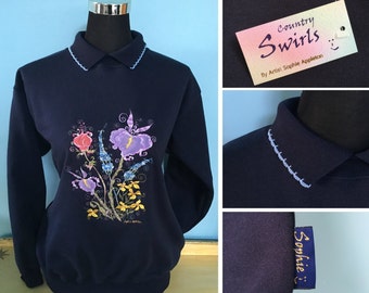 Floral navy sweater with collar quaint country style swirly embroidery with collar designed by U.K. artist Sophie Appleton , Country Swirls