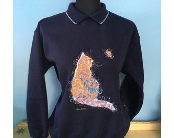 Cat Navy Sweater with collar, kitten & butterfly embroidery, size medium or large, designed by English Artist Sophie, Country Swirls