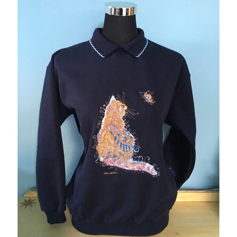 Cat Navy Sweater with collar quaint cat & butterfly Embroidery designed by Sophie Appleton popular English Artist Country Swirls image 5