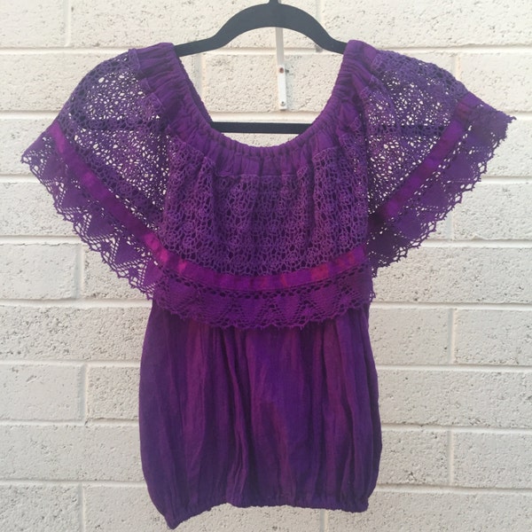 Off Shoulder Purple 70's Mexican-style boho top with crochet and ribbon detailing Sz S/M