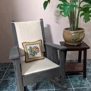 OOAK Dollhouse Miniature Silk Needlepoint Pillow, Embroidered Flower, Silk Thread, 48 Count Silk Gauze, 1:12, IGMA Artisan Marilyn A Miller